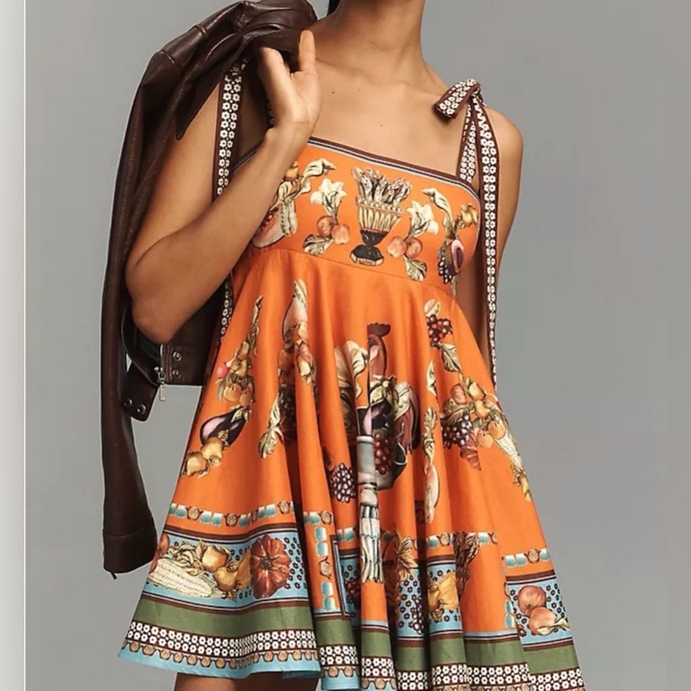 Alemais Orange Floral & Fruit Tie-Shoulder Mini Dress size 2 NWT